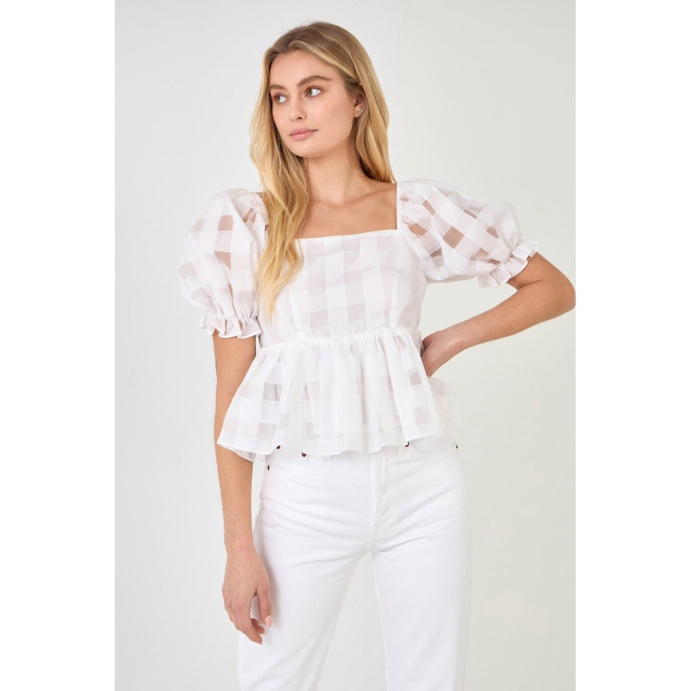 English Factory Checker Organza White‎ Blouse Size Medium